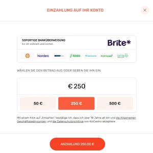 Koi Casino Einzahlung mit Brite Sofortüberweisung und Betragsauswahl