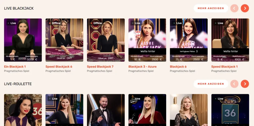 Koi Casino Live Blackjack und Roulette mit verschiedenen Tischen und Dealern